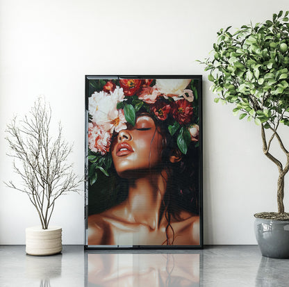 Floral woman portrait wall art featuring a female figure surrounded by white, blush and deep red flowers