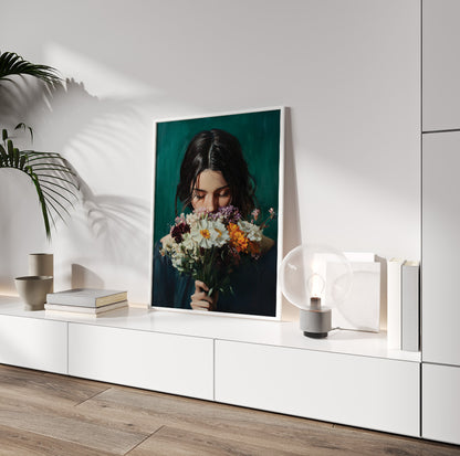 Floral woman portrait with a colorful bouquet against a rich dark green background