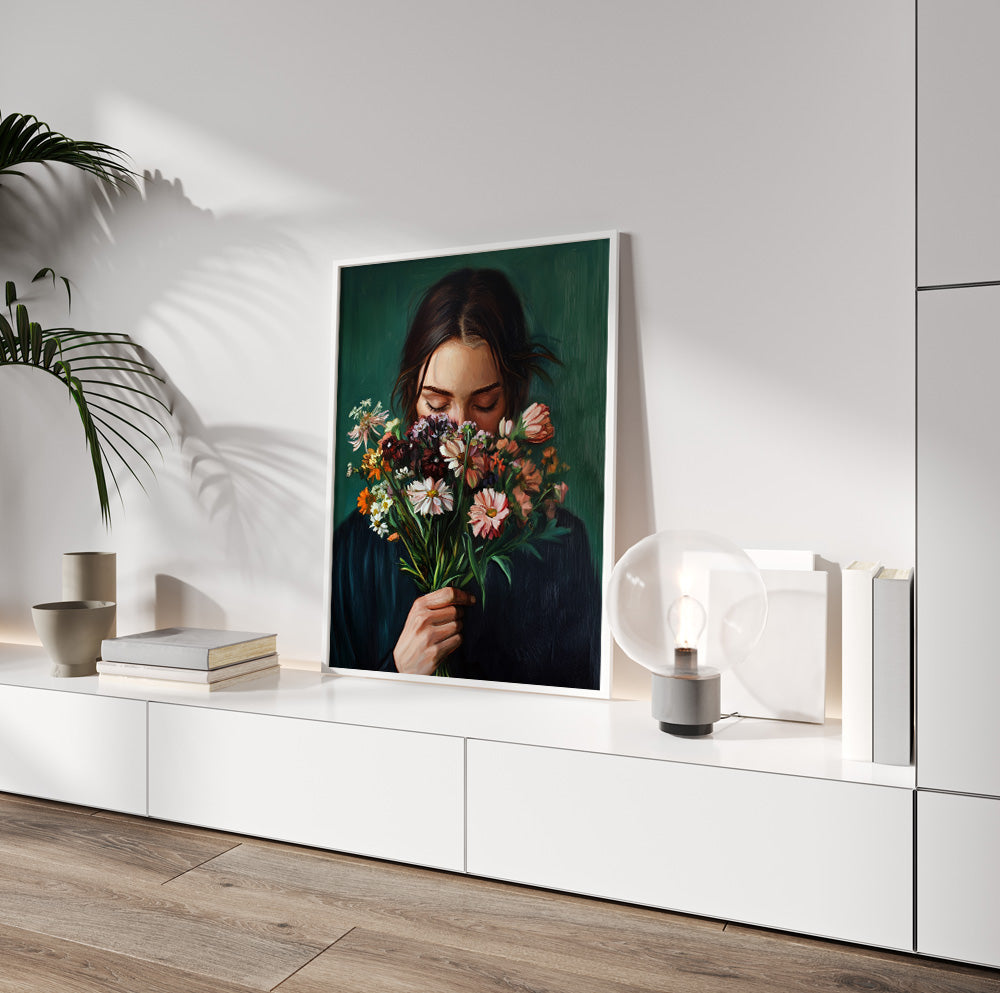 Floral woman portrait with a brunette smelling flowers against a deep green background