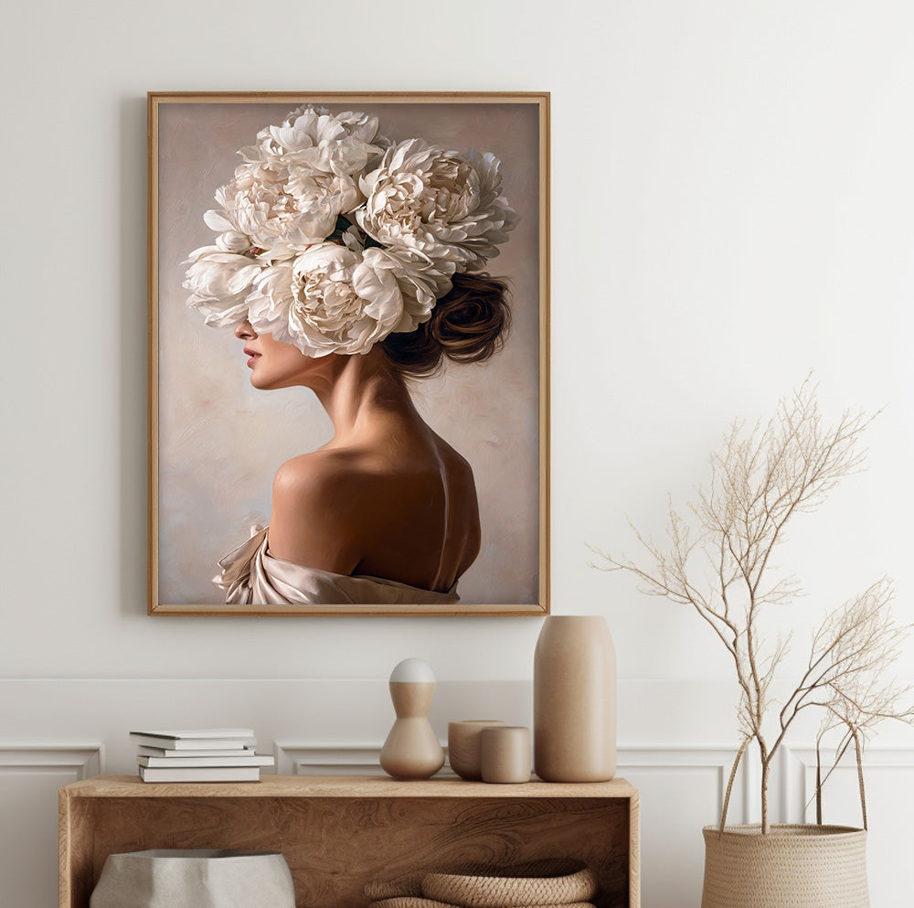 Floral woman profile wall art featuring a feminine portrait with oversized white peony-style flowers
