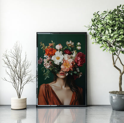 Floral woman wall art featuring a female portrait with colorful flowers covering her eyes