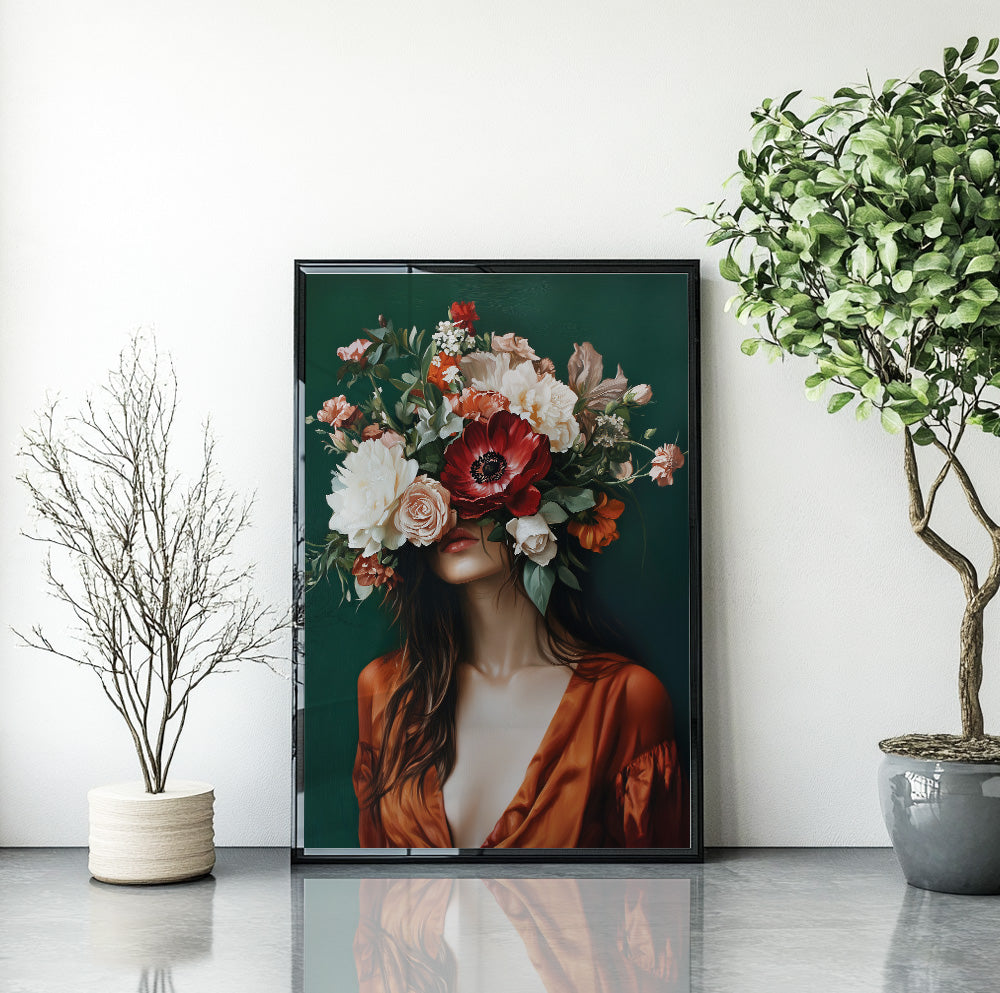 Floral woman wall art featuring a brunette portrait with her face covered by a lush flower arrangement