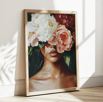 Floral woman wall art featuring a feminine portrait with oversized white and blush flowers covering her eyes