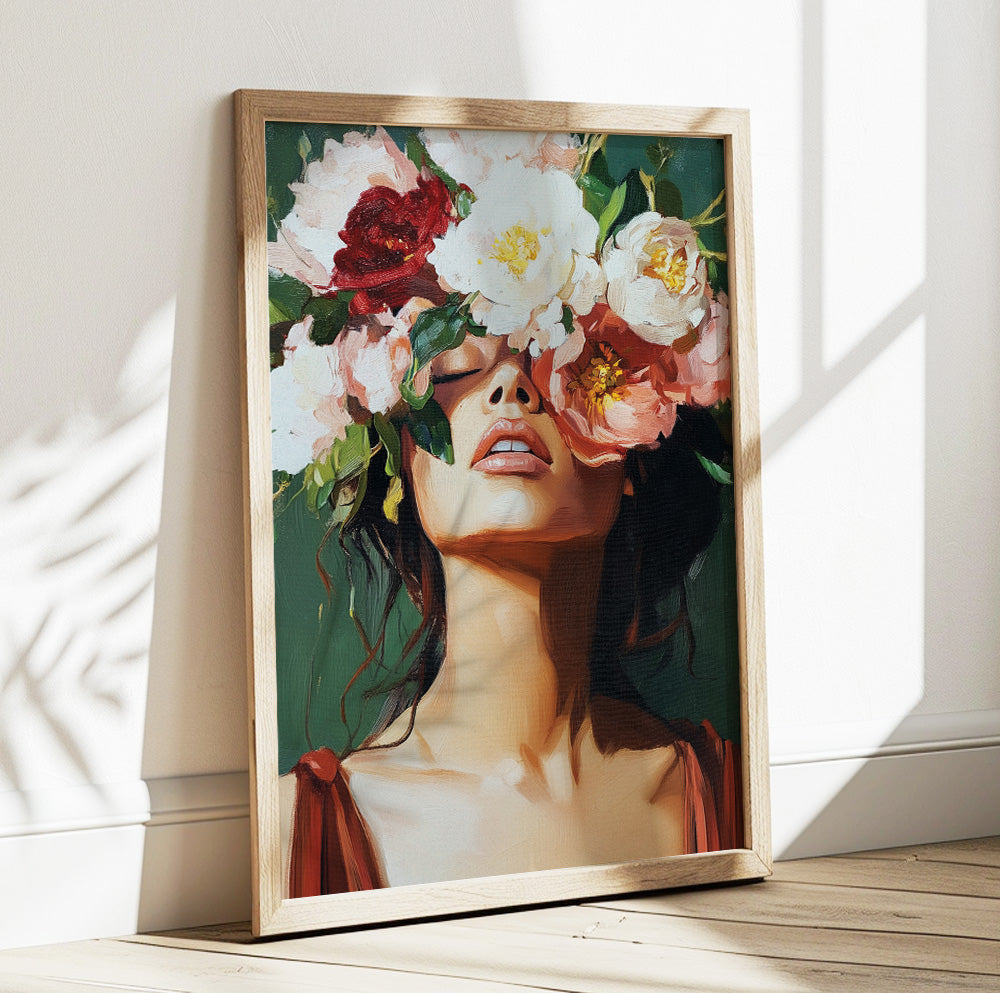 Floral woman wall art featuring a female portrait with oversized pink, white and red flowers covering her eyes