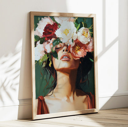 Floral woman wall art featuring a female portrait with oversized pink, white and red flowers covering her eyes