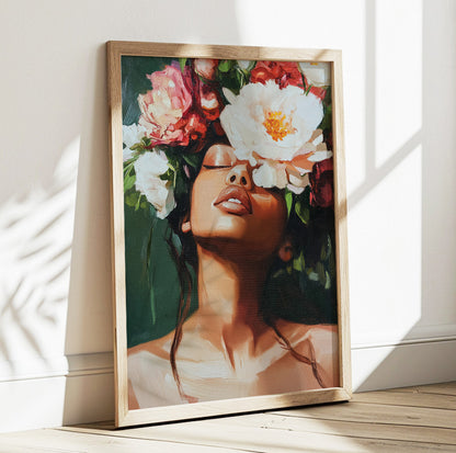 Floral woman wall art featuring a brunette portrait with oversized white, pink and red flowers