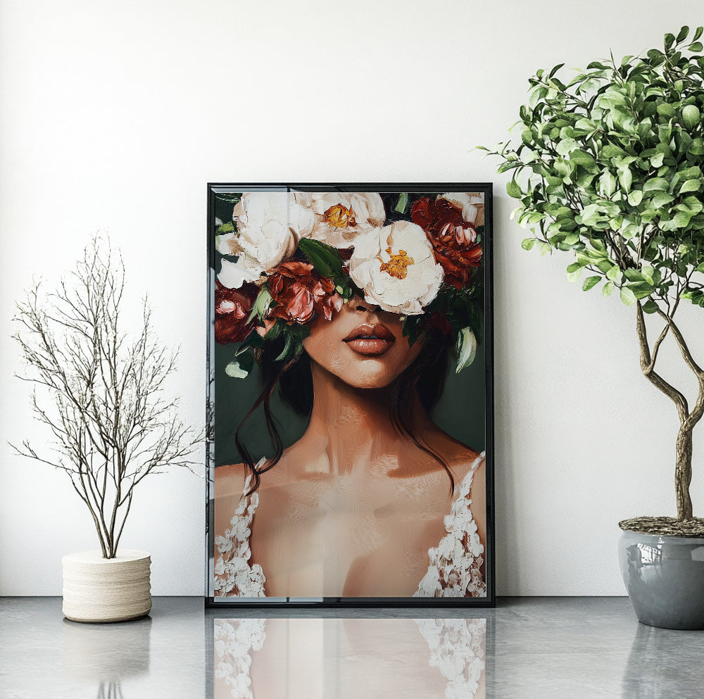 Floral woman wall art featuring a brunette portrait with white and burgundy flowers covering her eyes