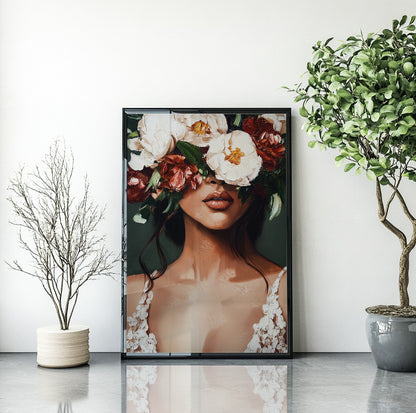 Floral woman wall art featuring a brunette portrait with white and burgundy flowers covering her eyes