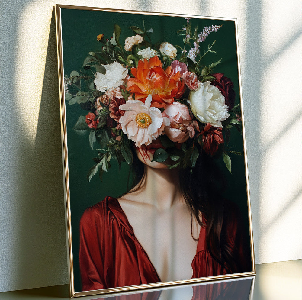 Floral woman wall art featuring a female portrait with her face covered by a lush bouquet of flowers