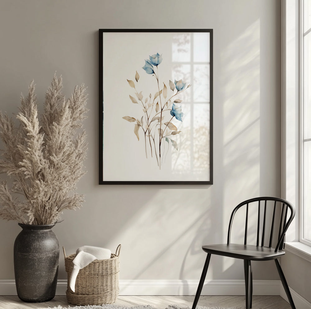 Modern floral wall art with a minimalist blue flower illustration and airy botanical design.