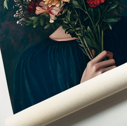 Flower bouquet portrait wall art with a feminine figure surrounded by dramatic colorful blooms