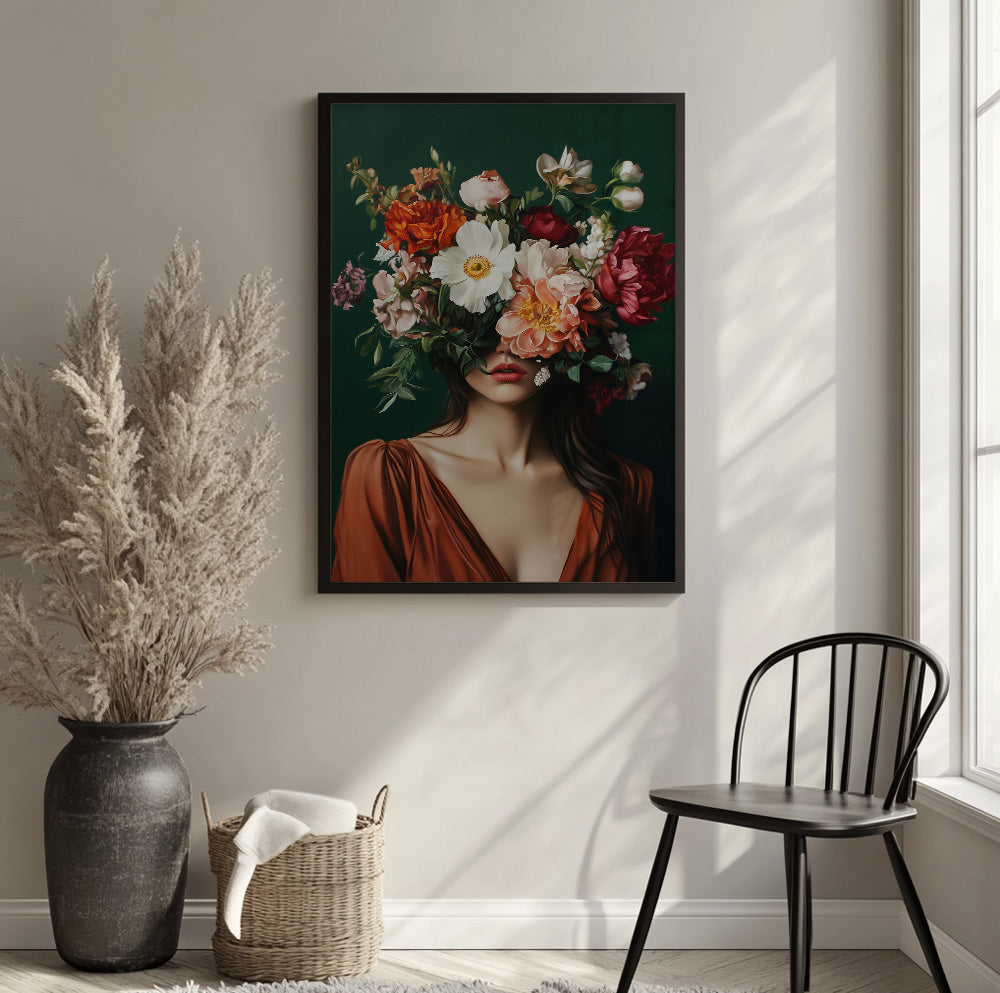 Flower face woman portrait with a lush floral arrangement against a dark green background.