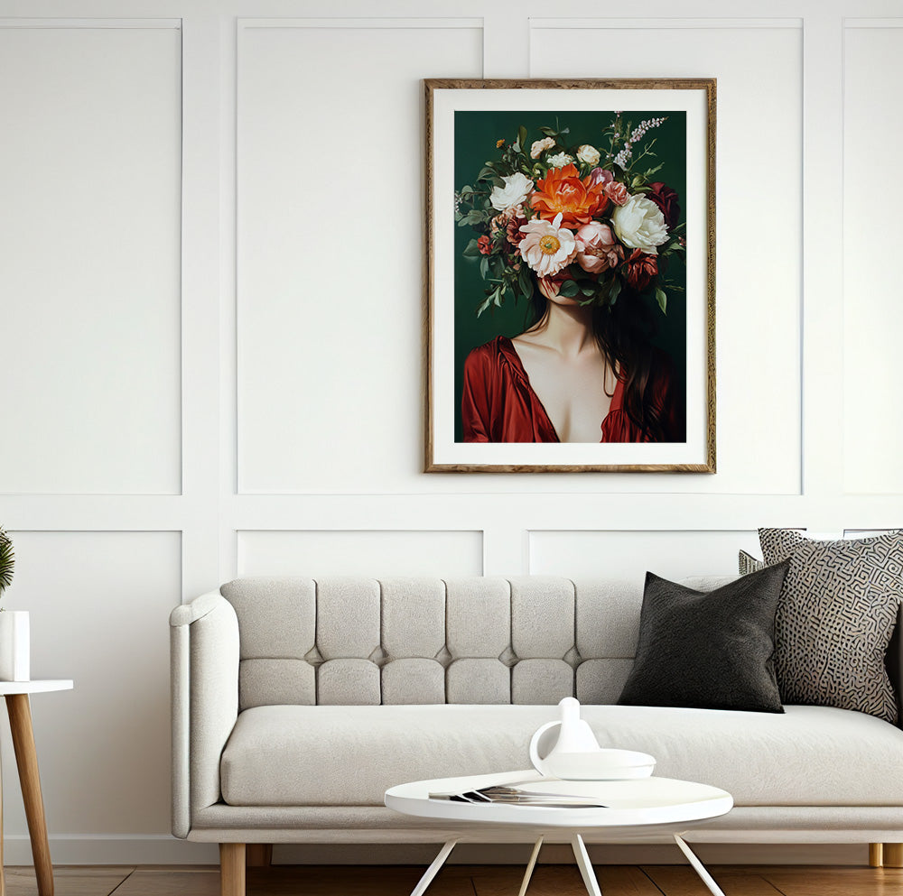Flower face woman portrait with an abundant floral bouquet and deep red dress
