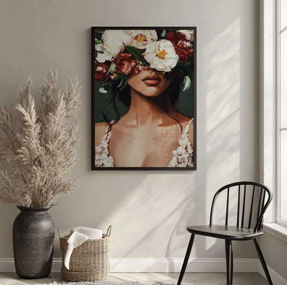 Flower face woman wall art featuring a female portrait with dramatic flowers covering her eyes