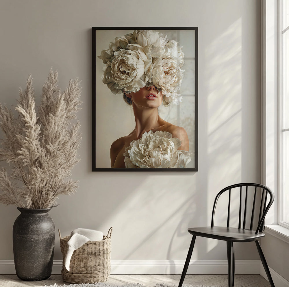 Flower face woman wall art featuring a feminine portrait with dramatic white flowers covering her eyes