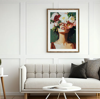 Flower face woman wall art featuring a brunette with large romantic flowers covering her eyes