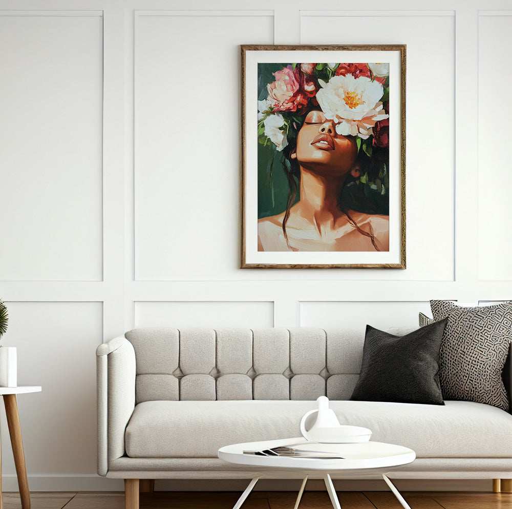 Flower face woman wall art featuring a female portrait with oversized flowers covering her eyes