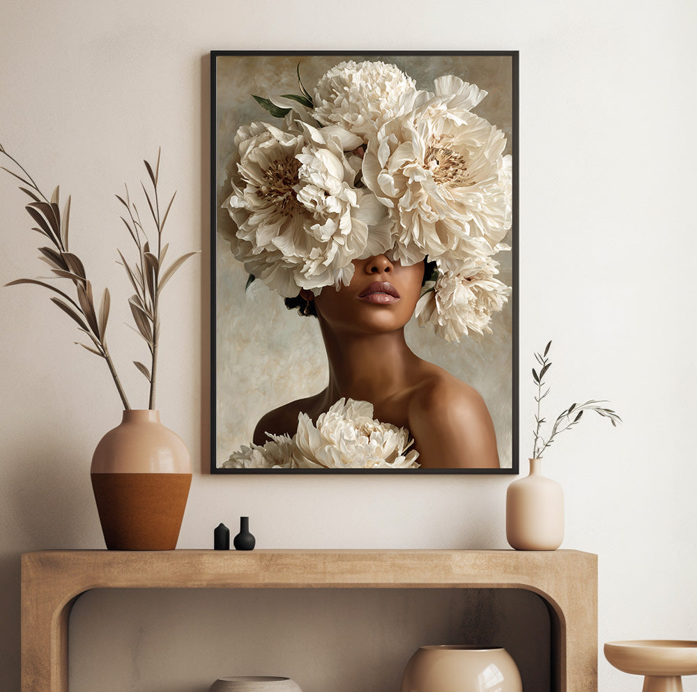 Flower face woman wall art featuring a female portrait with dramatic cream flowers covering her eyes