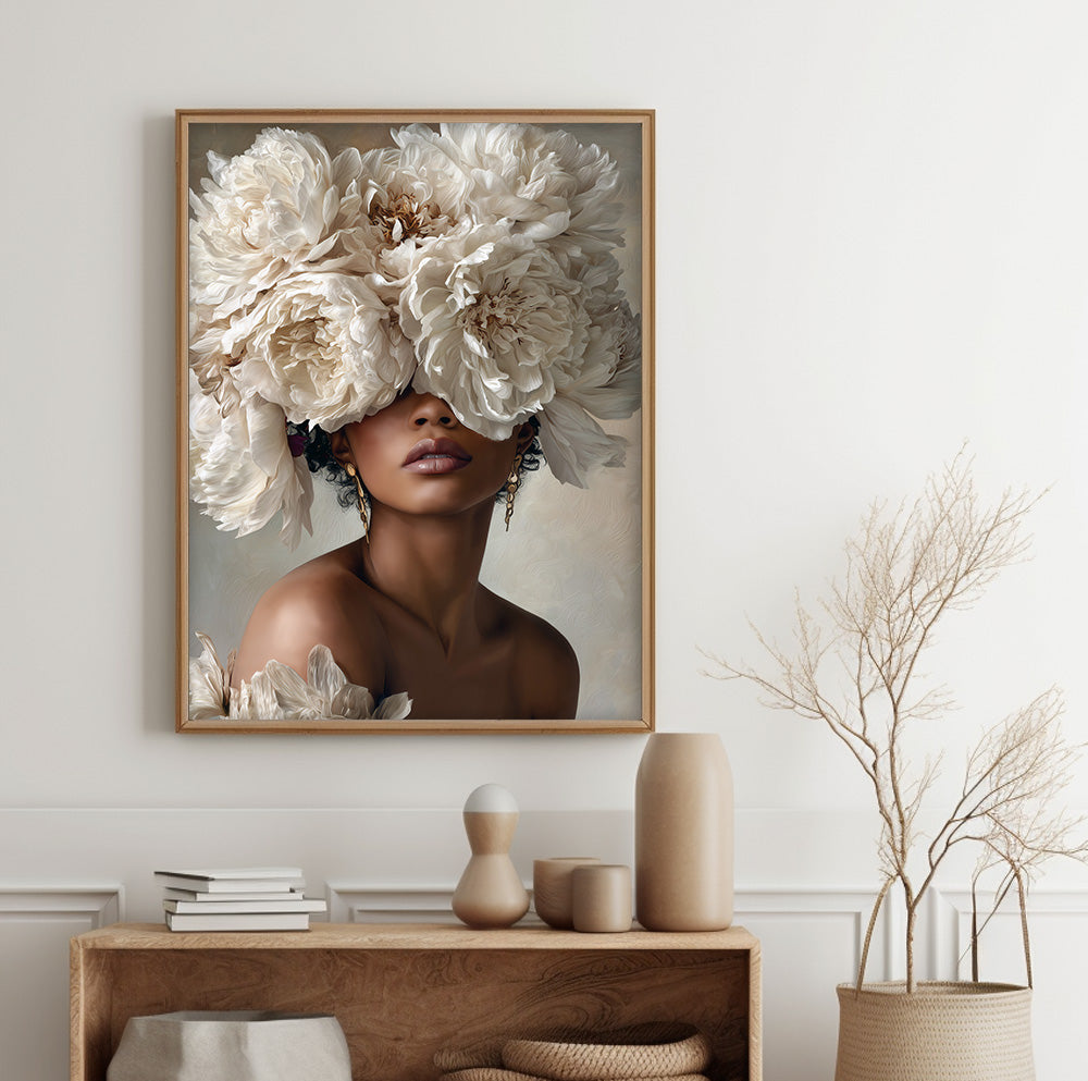 Flower face woman wall art featuring a female portrait with oversized cream flowers covering her eyes