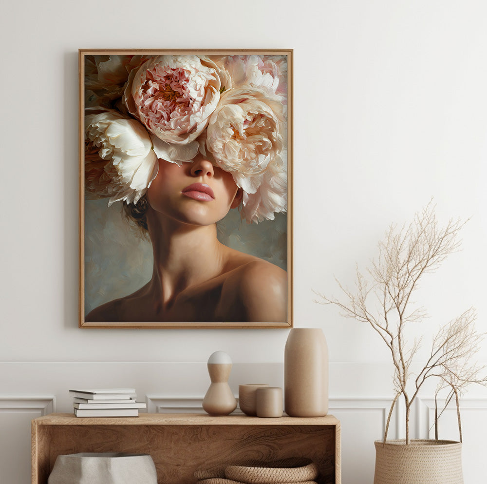 Flower face woman wall art featuring large romantic peonies covering the eyes of a female portrait