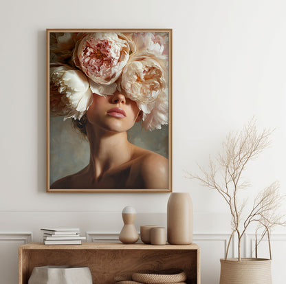 Flower face woman wall art featuring large romantic peonies covering the eyes of a female portrait
