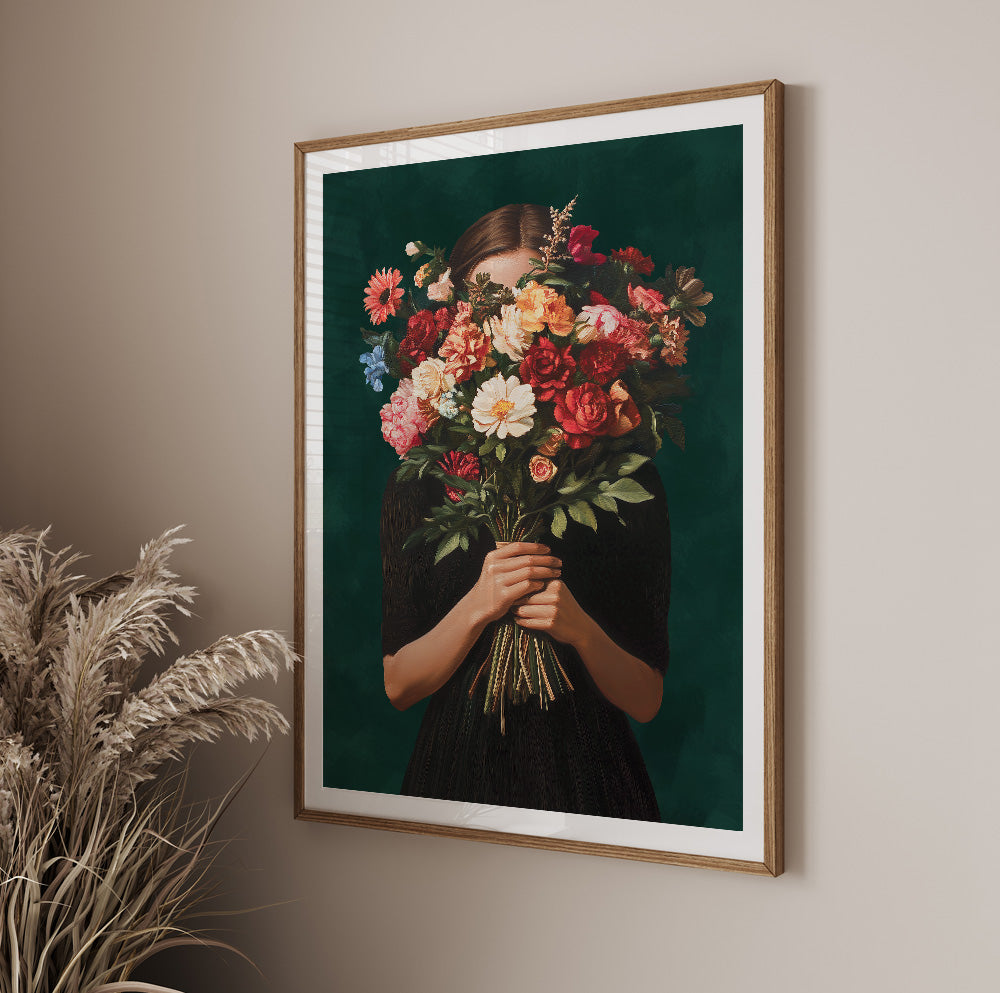 Flower face woman wall art featuring a female figure in a black dress surrounded by abundant flowers