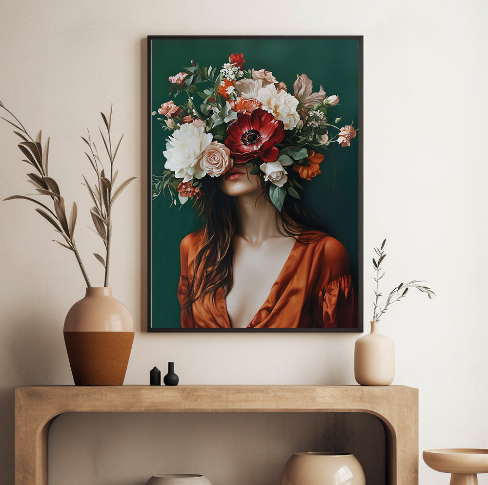 Flower head woman portrait with a dramatic bouquet of roses and red and white flowers