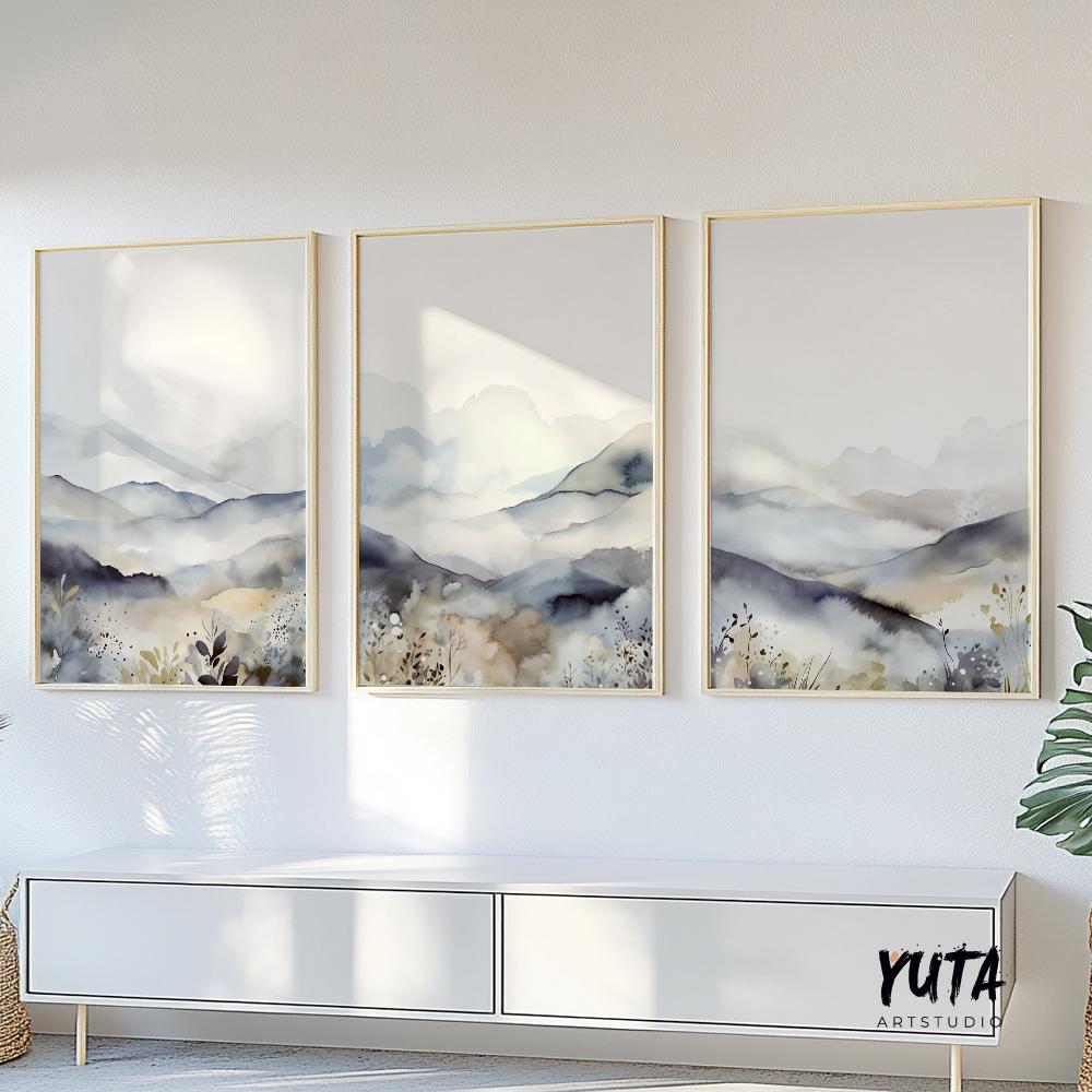Minimalist Mountain Wall Art Set of 3, Neutral Scandinavian Nature Decor