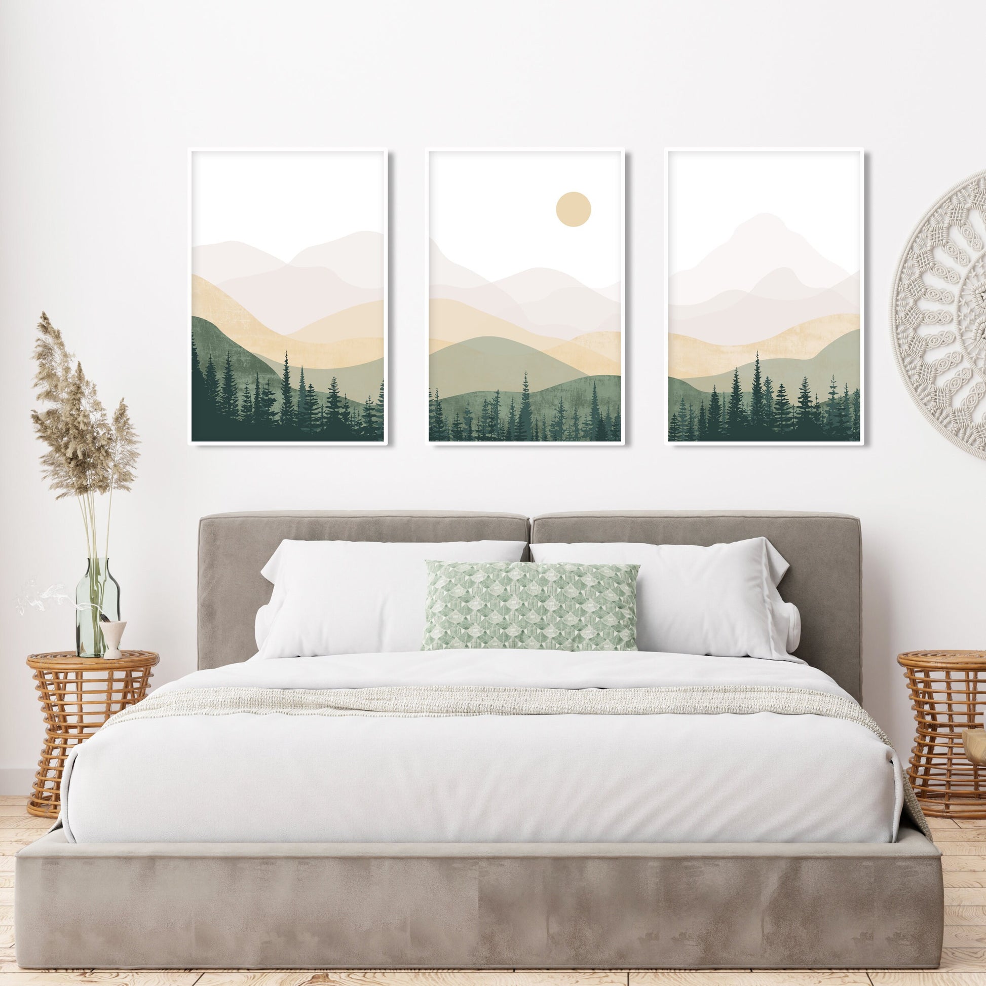 Neutral green beige abstract mountains set of 3 prints. Mid century modern minimalist nature room decor aesthetic boho gallery wall set