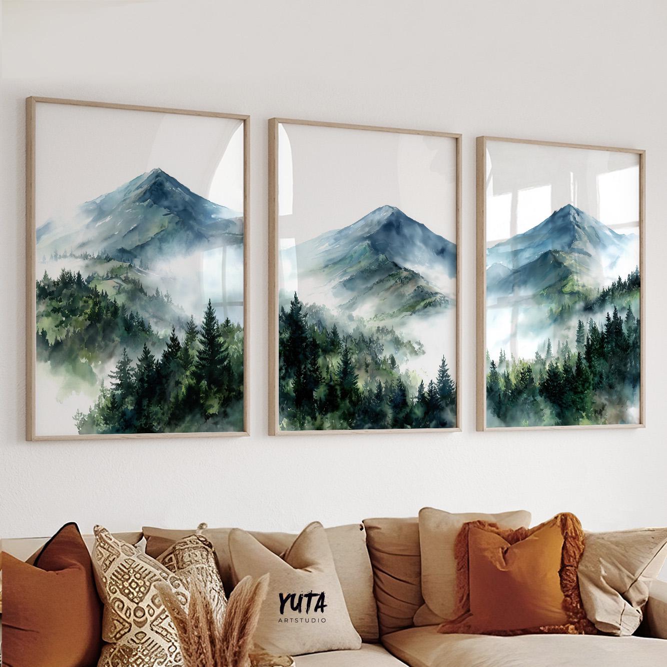Forest mountain wall art showcasing towering peaks, pine woodlands and watercolor landscape details
