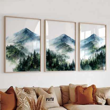 Forest mountain wall art showcasing towering peaks, pine woodlands and watercolor landscape details