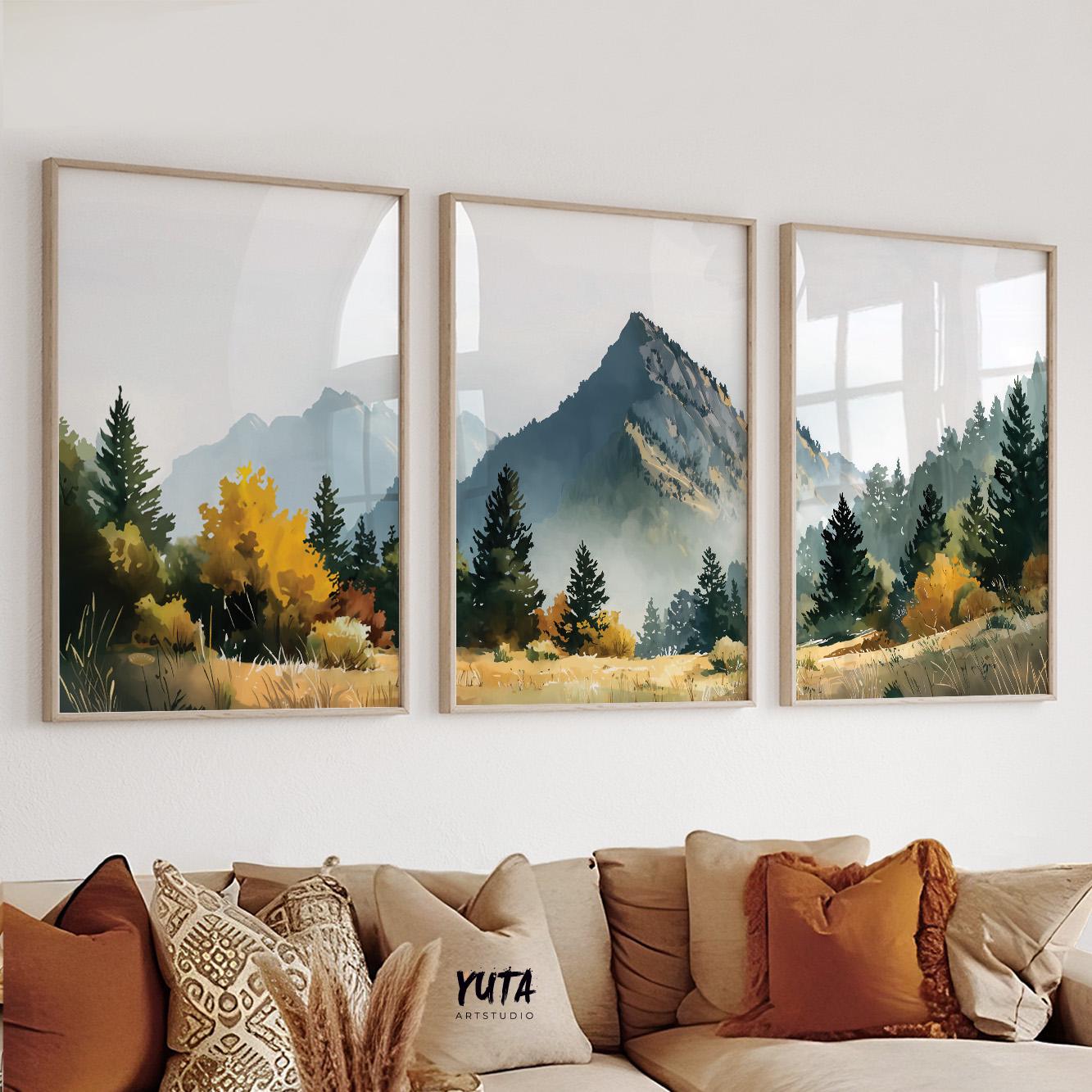 Forest mountain wall art showcasing evergreen trees, mountain scenery and tranquil outdoor landscape