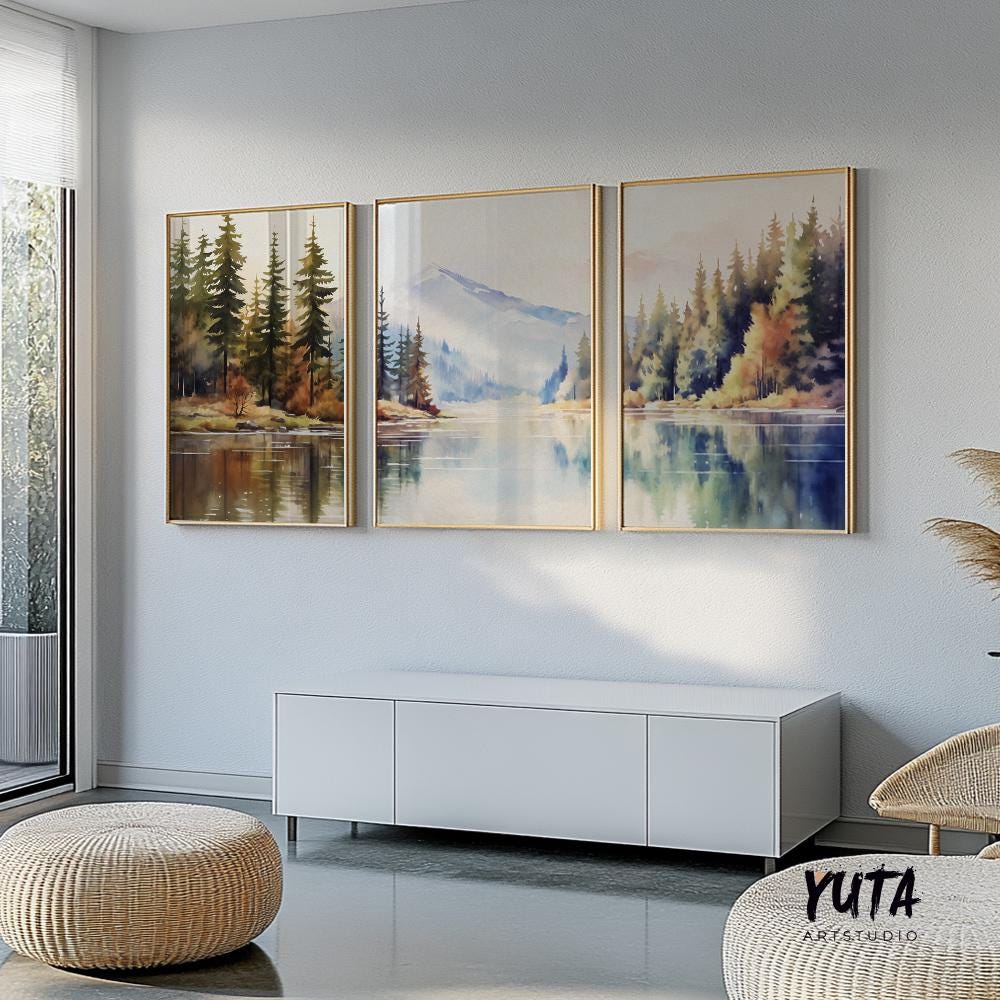 Large mountain lake gallery wall featuring watercolor pine tree artwork for cozy cabin and lodge inspired interiors