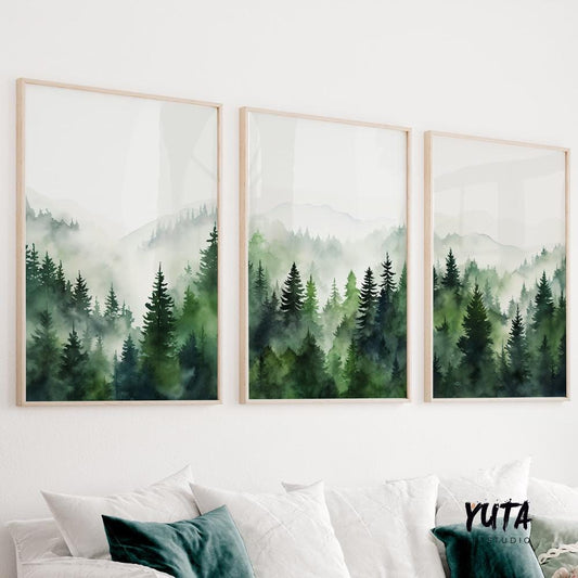 Mountain wall art set of 3 prints. Modern greenery mountain landscape gallery wall set. Nature 3 piece nordic abstract wall art