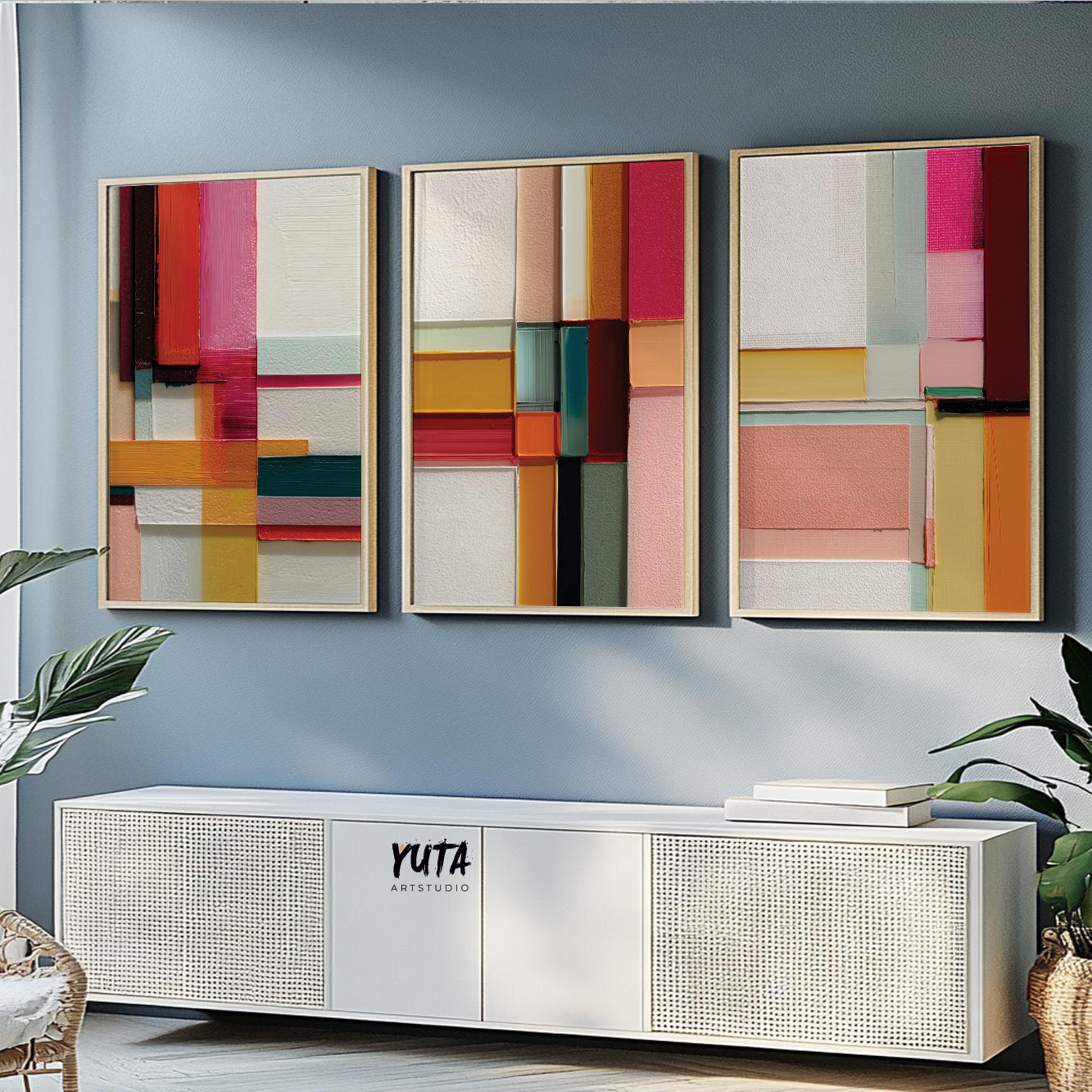 Geometric abstract wall art featuring overlapping color fields, vibrant contrasts and modern artistic composition