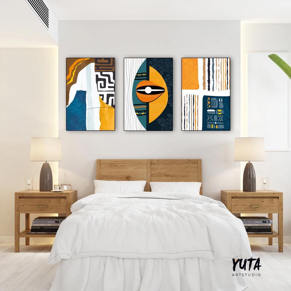 Bright African American abstract people art in a set of 3, featuring tribal inspired minimalist wall art for contemporary home decoration.