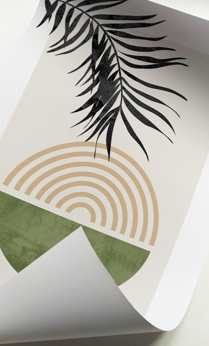 Organic Modern gallery wall featuring geometric botanical artwork in sage green and beige tones