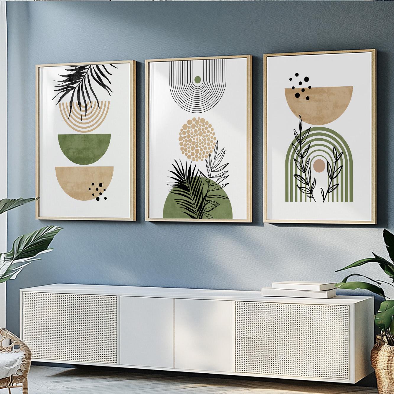Framed boho botanical art trio with abstract shapes, ready to ship flat and protected