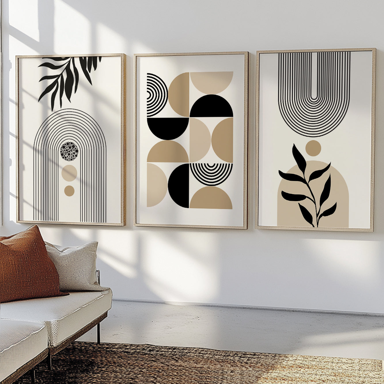 Organic Modern wall art with minimalist botanical accents and architectural arches