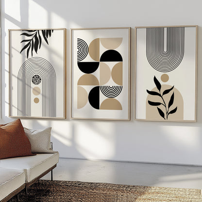 Organic Modern wall art with minimalist botanical accents and architectural arches