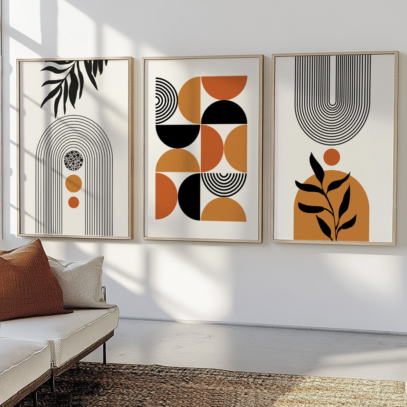 Organic Modern wall art with botanical silhouettes and minimalist geometric arches