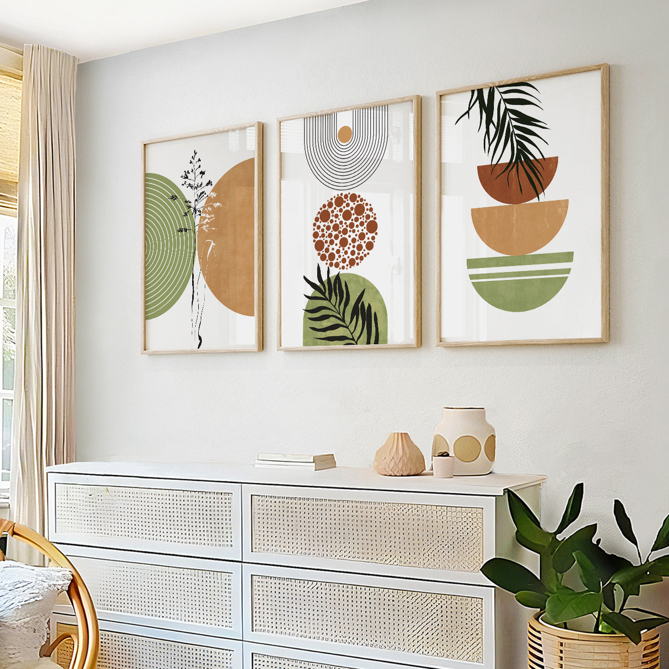Modern botanical prints with abstract geometric shapes in olive green, beige, and black tones