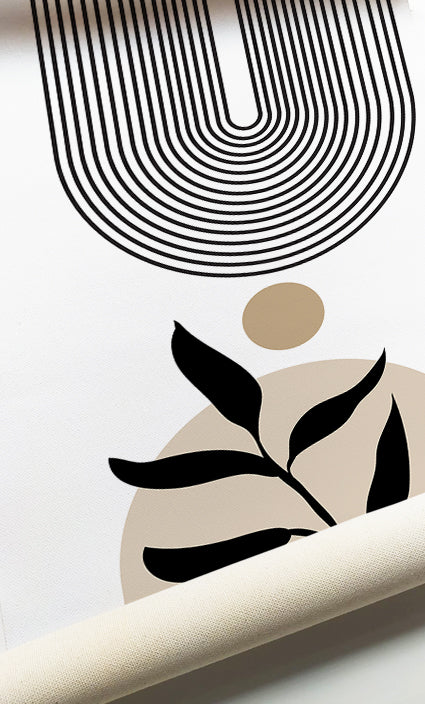 Modern architectural wall art with arches, circles, and botanical details