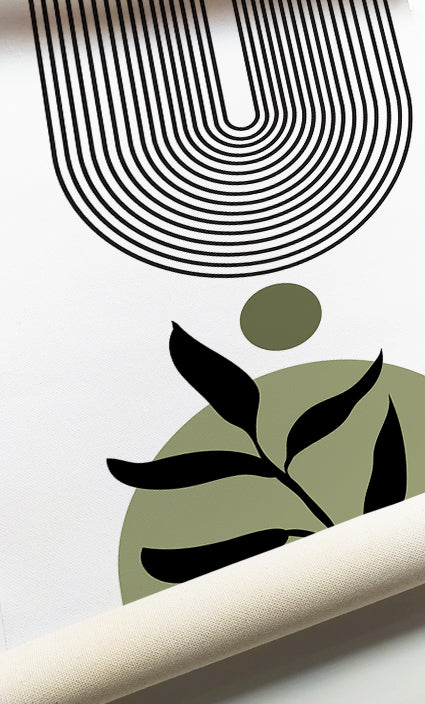 Modern geometric gallery wall featuring olive green, black, and ivory abstract artwork