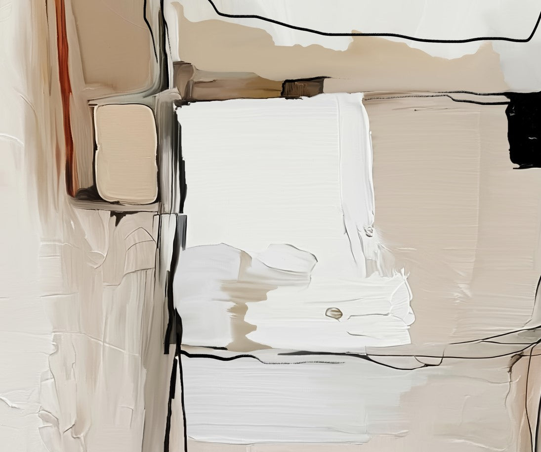 Modern neutral artwork featuring layered abstract compositions and subtle painterly details