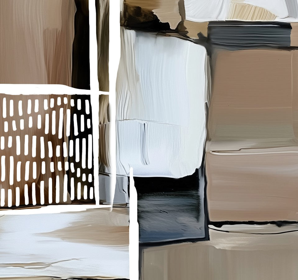 Contemporary beige abstract wall art featuring geometric blocks and textured brushwork