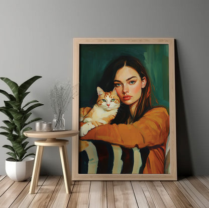 Girl with cat portrait featuring a dark-haired woman cuddling an orange and white cat