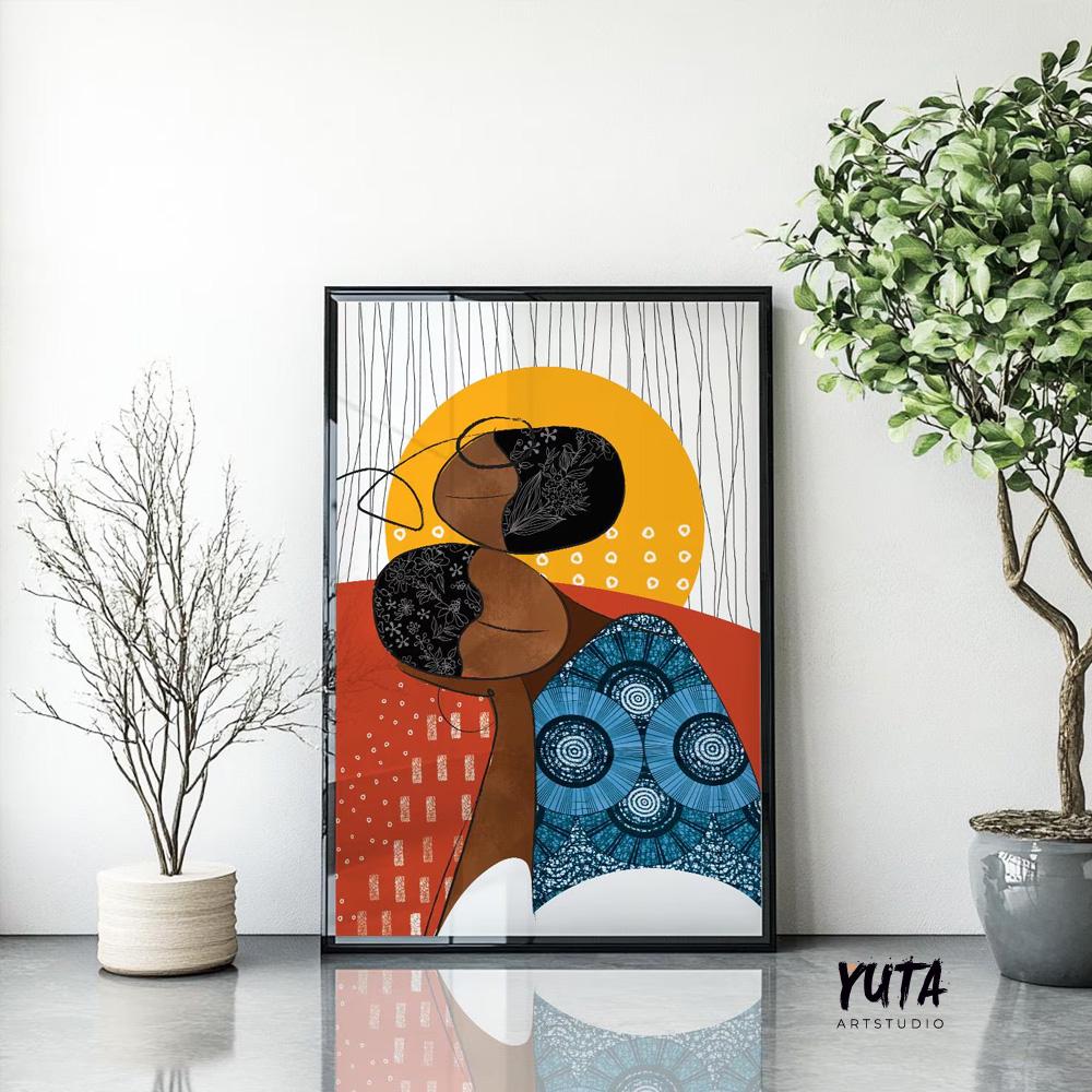 Modern African American woman portrait art print with abstract colorful design.