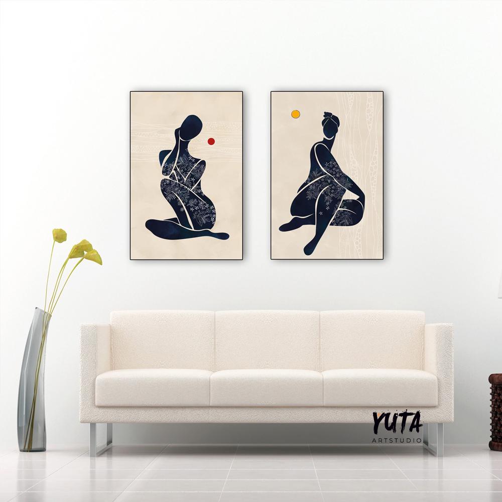 Neutral modern african american art print set of 2 black woman above bed wall art, abstract girl figures minimalist posters