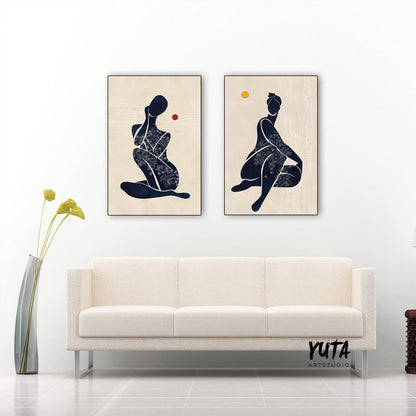 Neutral modern african american art print set of 2 black woman above bed wall art, abstract girl figures minimalist posters